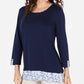 Blusa feminina Karen Scott com bainha estampada e manga 3/4, azul-marinho, tamanho extragrande