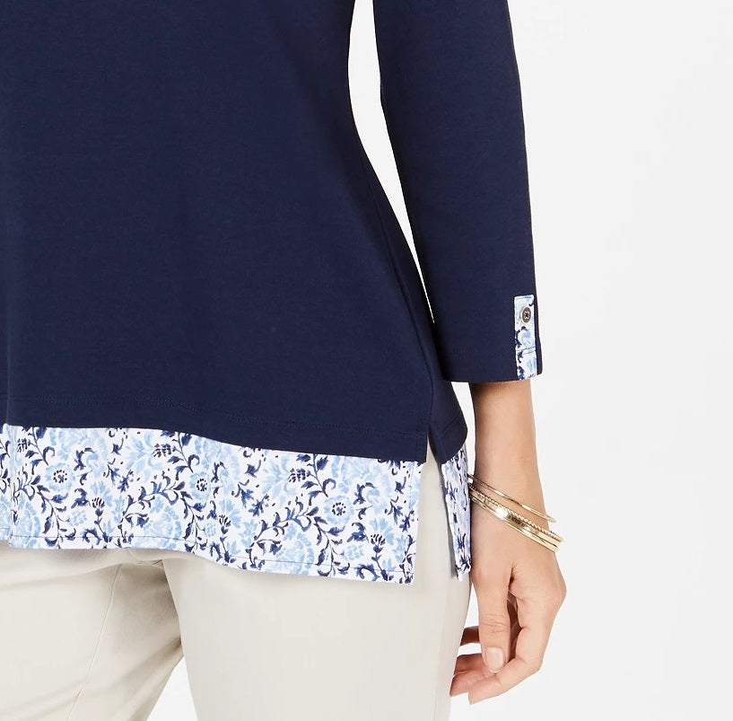 Blusa feminina Karen Scott com bainha estampada e manga 3/4, azul-marinho, tamanho extragrande