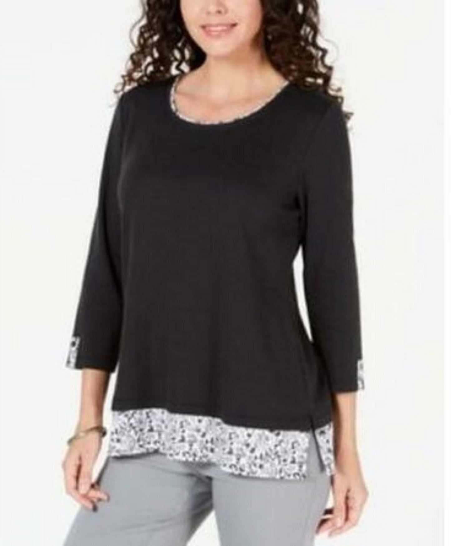 Karen Scott Top feminino plus size com bainha estampada e manga 3/4, preto, tamanho 1X