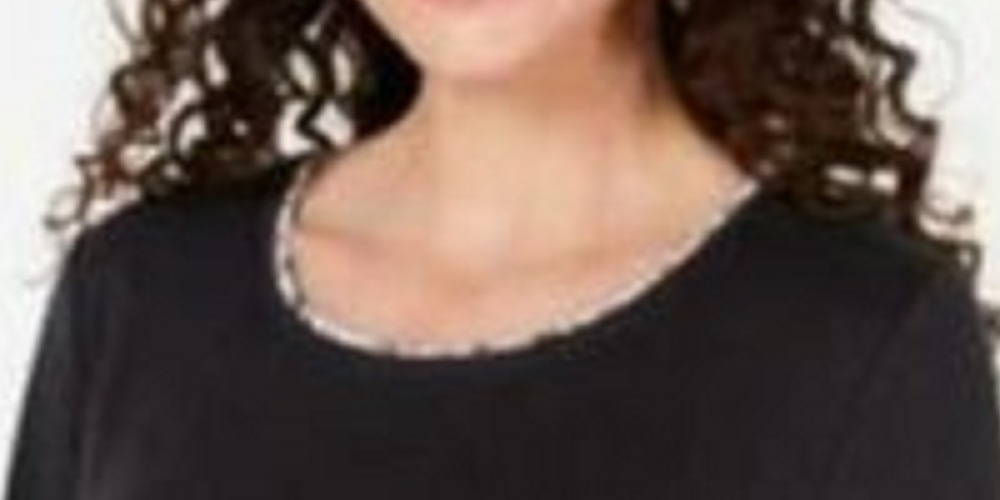 Karen Scott Top feminino plus size com bainha estampada e manga 3/4, preto, tamanho 1X