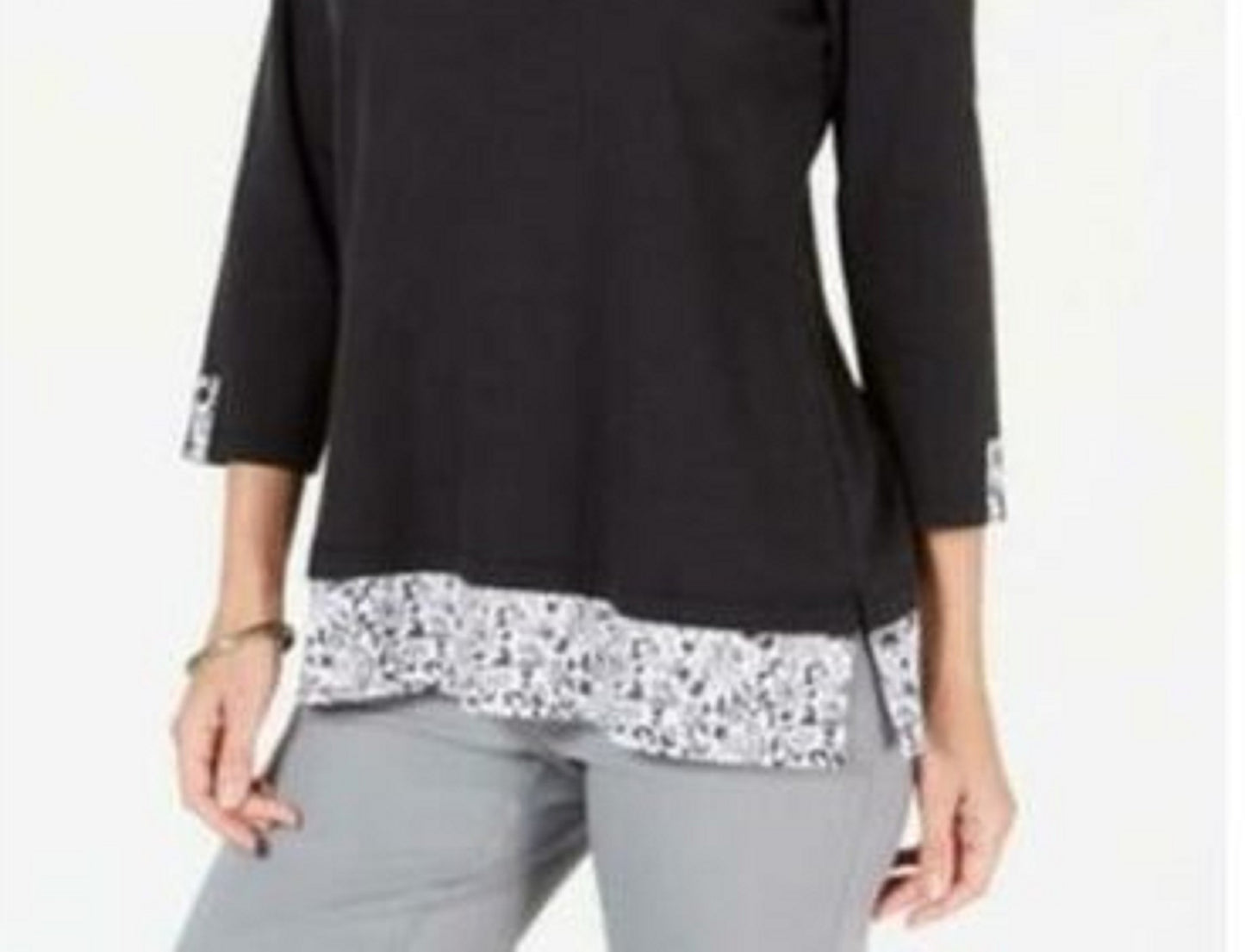 Karen Scott Top feminino plus size com bainha estampada e manga 3/4, preto, tamanho 1X