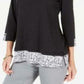 Karen Scott Top feminino plus size com bainha estampada e manga 3/4, preto, tamanho 3X
