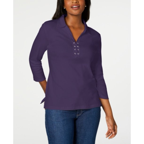 Camisa feminina Karen Scott de algodão com cadarço, roxa, tamanho pequeno