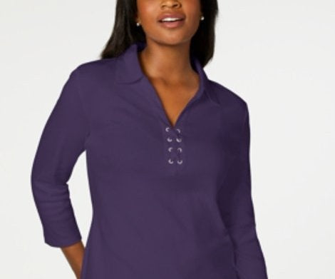 Camisa feminina Karen Scott de algodão com cadarço, roxa, tamanho pequeno