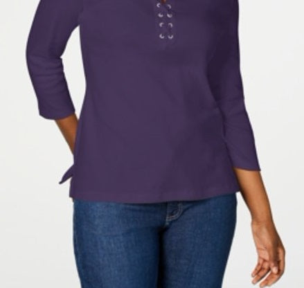 Camisa feminina Karen Scott de algodão com cadarço, roxa, tamanho pequeno