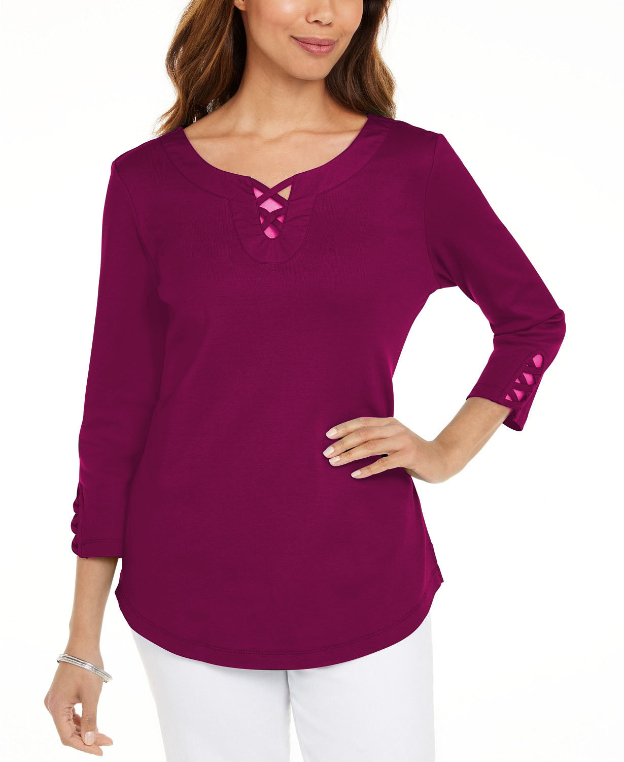 Karen Scott Plus Size Algodão Crisscross-Trim Top Rosa Tamanho XX-G