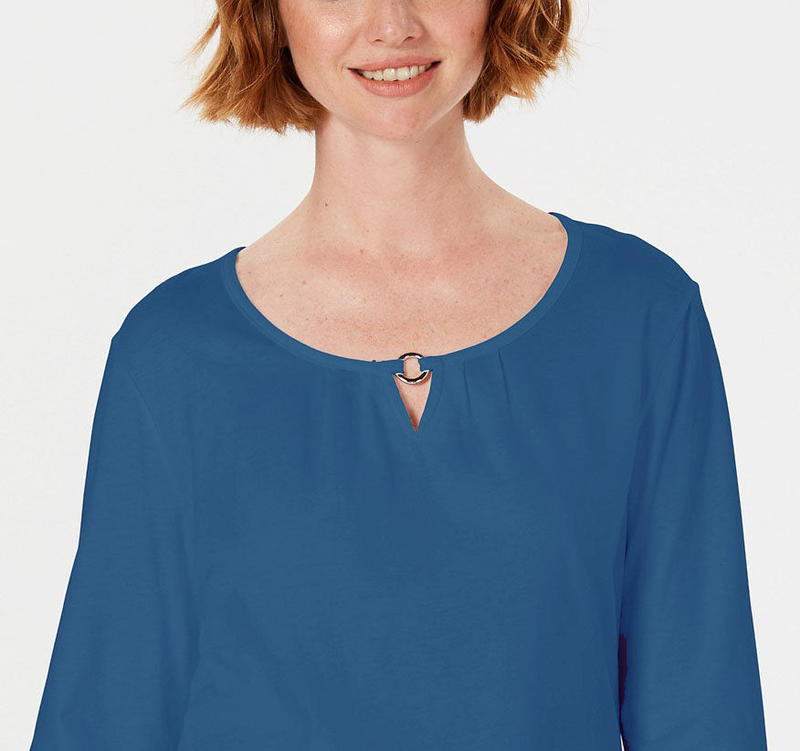 Blusa feminina Karen Scott com manga três quartos, azul, tamanho XXG