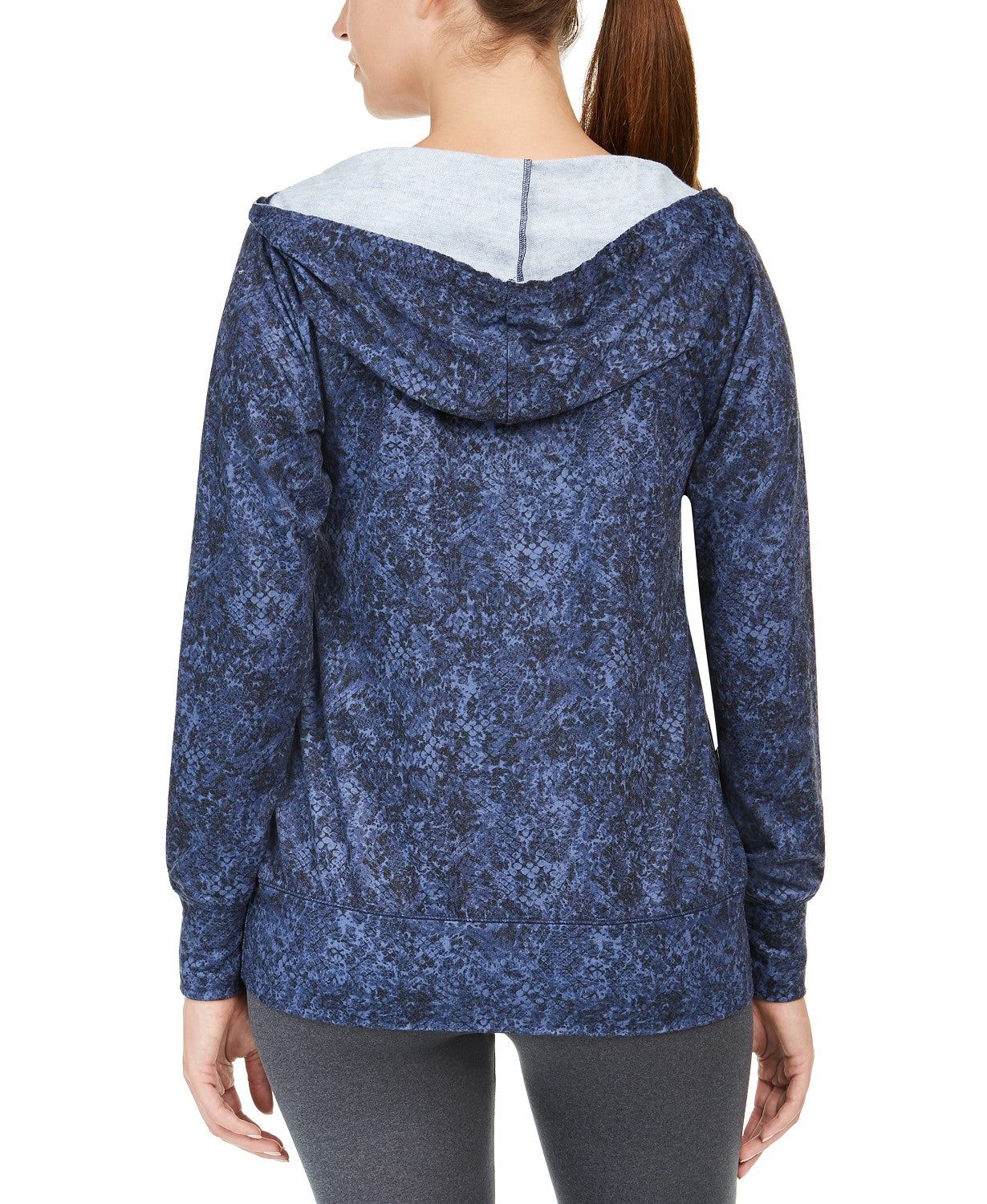 Ideology Moletom com capuz feminino estampado em python, gola V, azul marinho, tamanho X-S