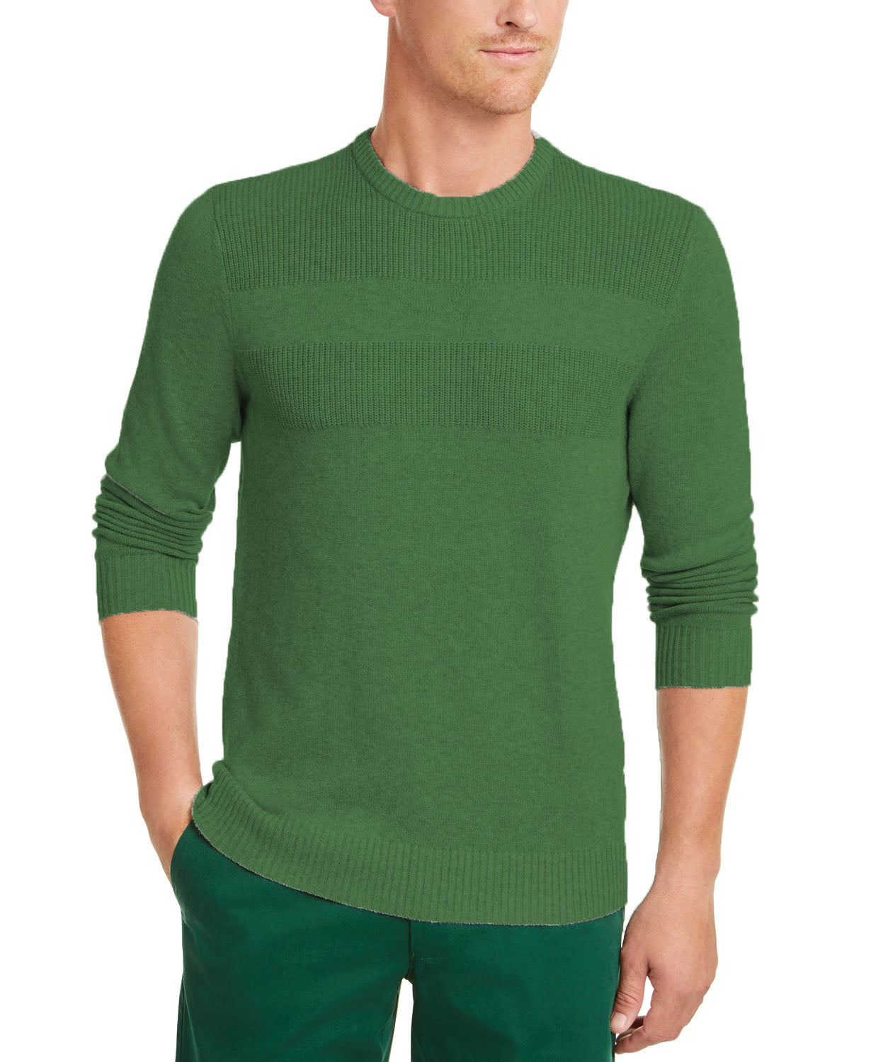 Suéter masculino de algodão liso texturizado com gola redonda, verde, tamanho 2XL