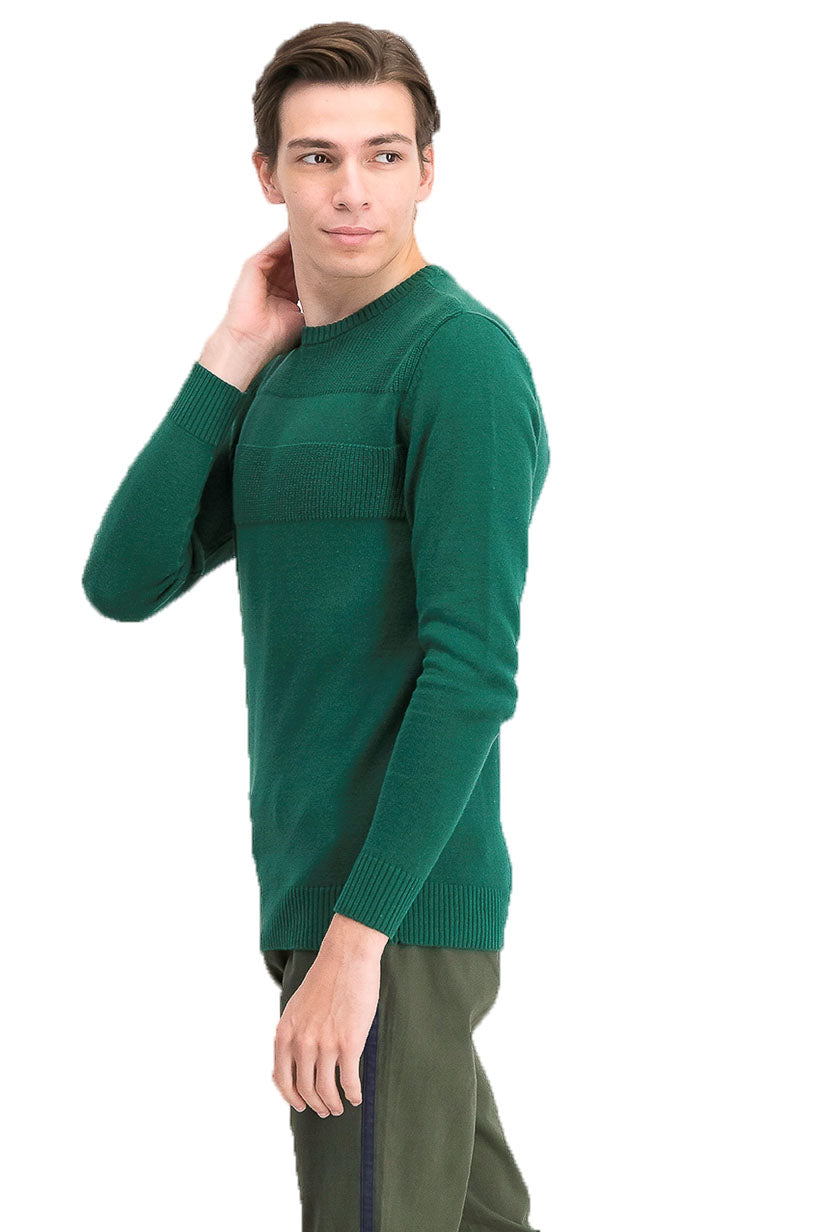 Suéter masculino de algodão liso texturizado com gola redonda, verde, tamanho 2XL