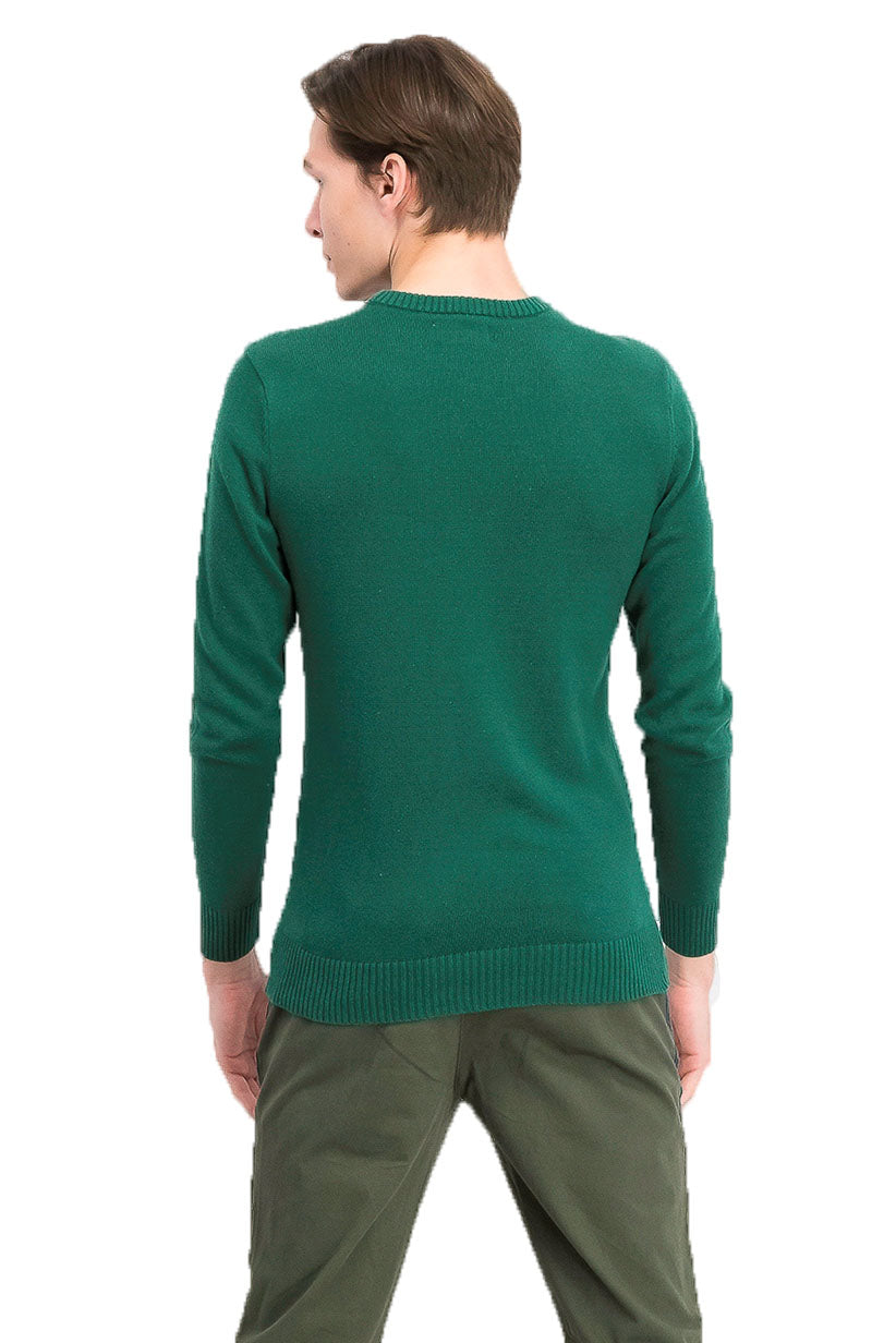 Suéter masculino de algodão liso texturizado com gola redonda, verde, tamanho 2XL
