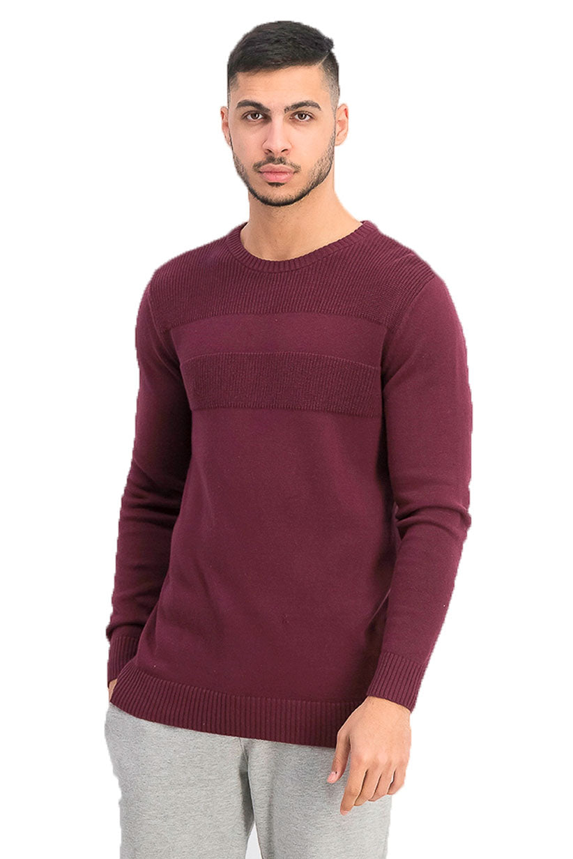 Suéter masculino de algodão liso com gola redonda e textura, tamanho vinho 2XL
