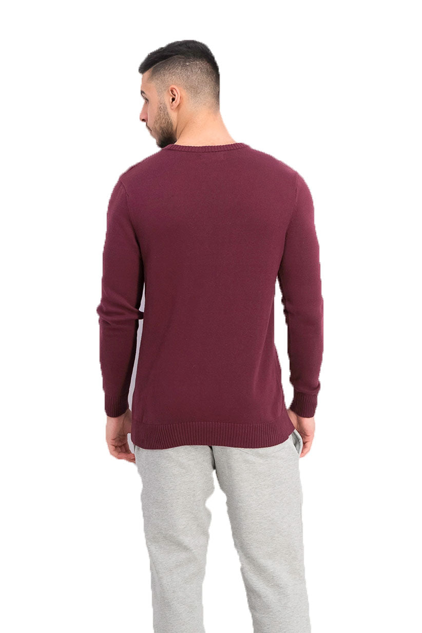 Suéter masculino de algodão liso com gola redonda e textura, tamanho vinho 2XL