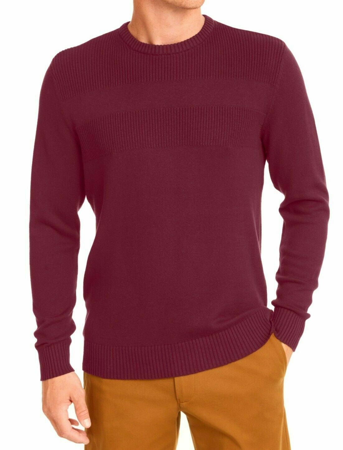 Suéter masculino de algodão liso com gola redonda e textura, tamanho vinho 2XL