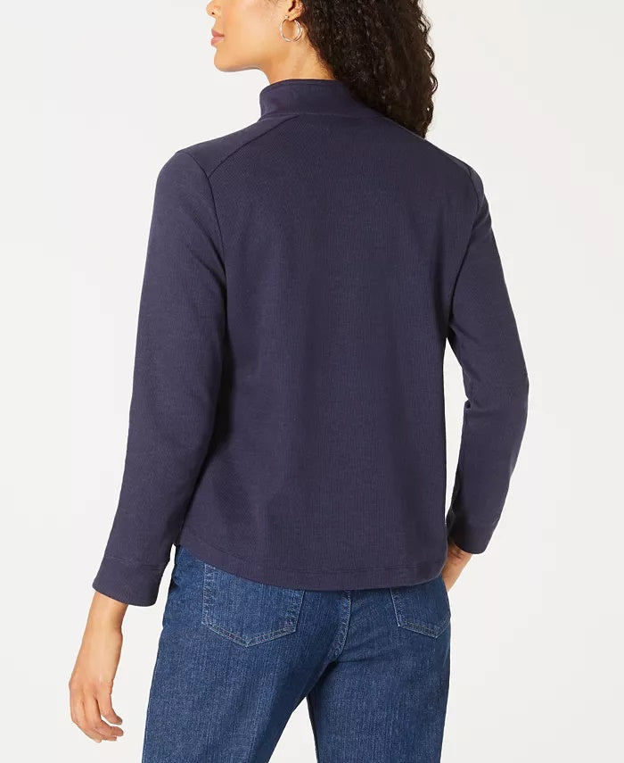 Karen Scott Blusa Feminina Petite Lisa e Estampada com Gola Azul Tamanho Petite Petite