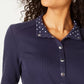 Karen Scott Blusa Feminina Petite Lisa e Estampada com Gola Azul Tamanho Petite Petite