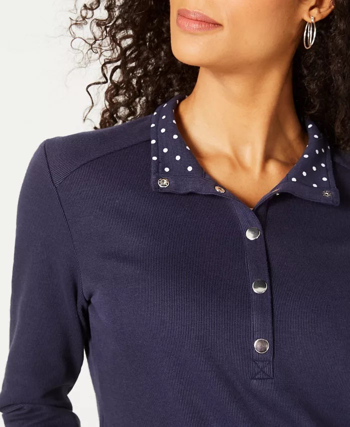 Karen Scott Blusa Feminina Petite Lisa e Estampada com Gola Azul Tamanho Petite Petite