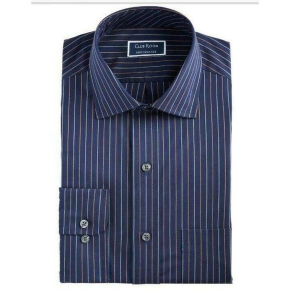 Camisa social masculina Club Room Regular-Fit Performance Stretch Anti-rugas Riscas Azul Marinho Tamanho 32-33