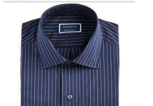 Camisa social masculina Club Room Regular-Fit Performance Stretch Anti-rugas Riscas Azul Marinho Tamanho 32-33