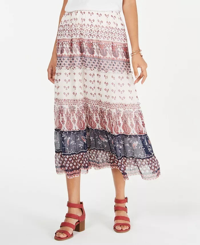 Saia midi feminina com estampa mista e camadas, tamanho grande, vermelha, estilo &amp; co
