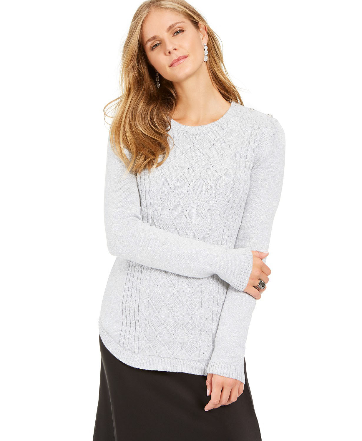 Suéter feminino Charter Club com decote redondo metálico e tricô trançado, branco, tamanho XX-G