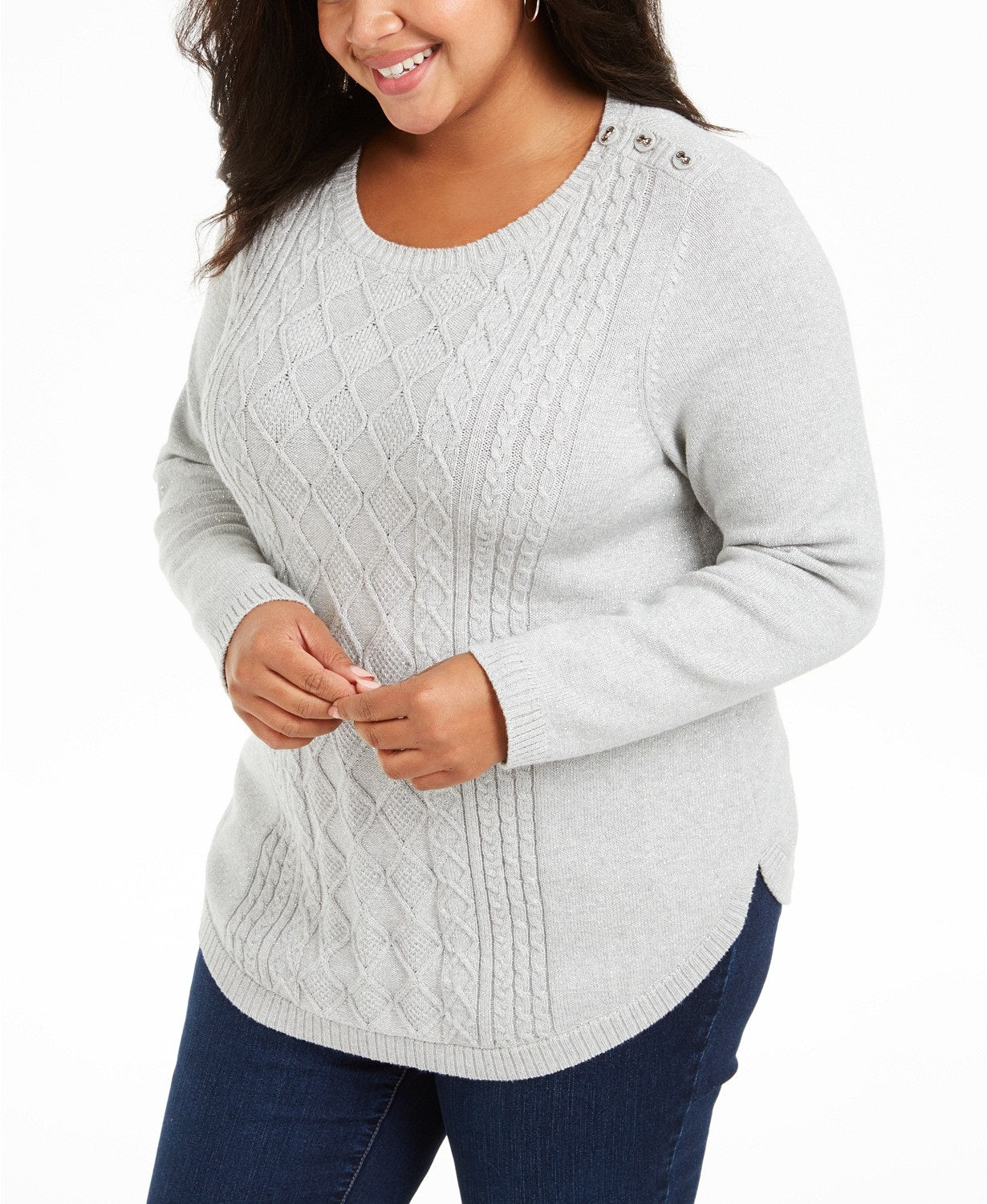 Suéter feminino plus size de tricô com acabamento em botões, tamanho 0X, cinza, Charter Club