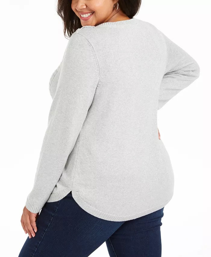 Suéter feminino plus size de tricô com acabamento em botões, tamanho extra grande, cinza, Charter Club