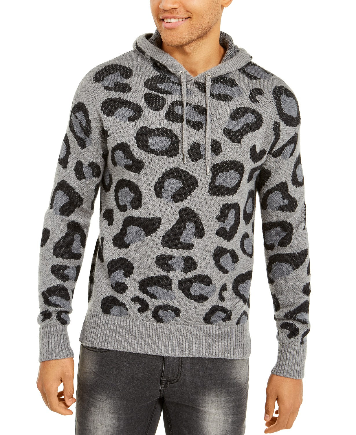 Suéter com capuz masculino de leopardo da INC International Concepts, cinza, tamanho 3, extra grande