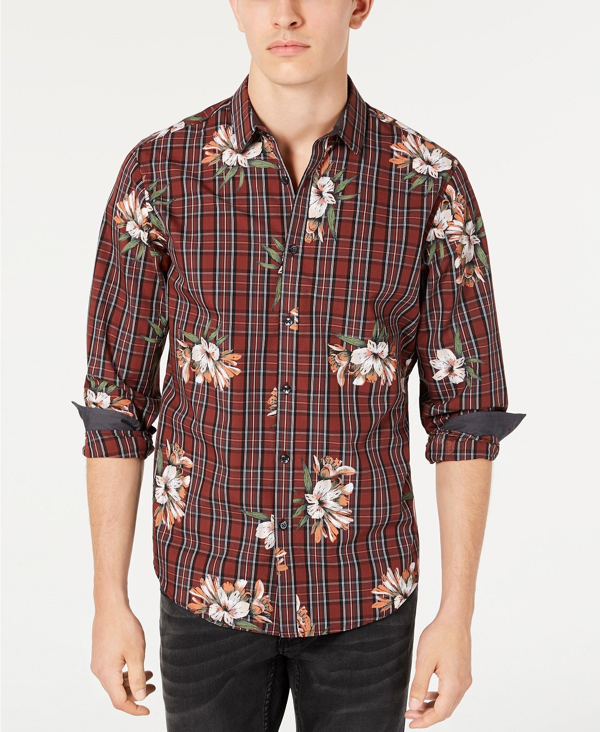 Camisa xadrez floral masculina INC International Concepts marrom tamanho médio
