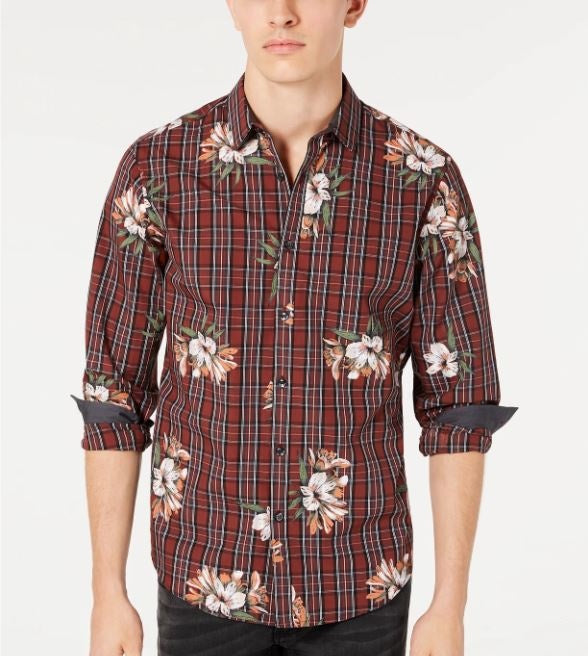 Camisa casual xadrez floral masculina INC International Concepts vermelha tamanho pequeno