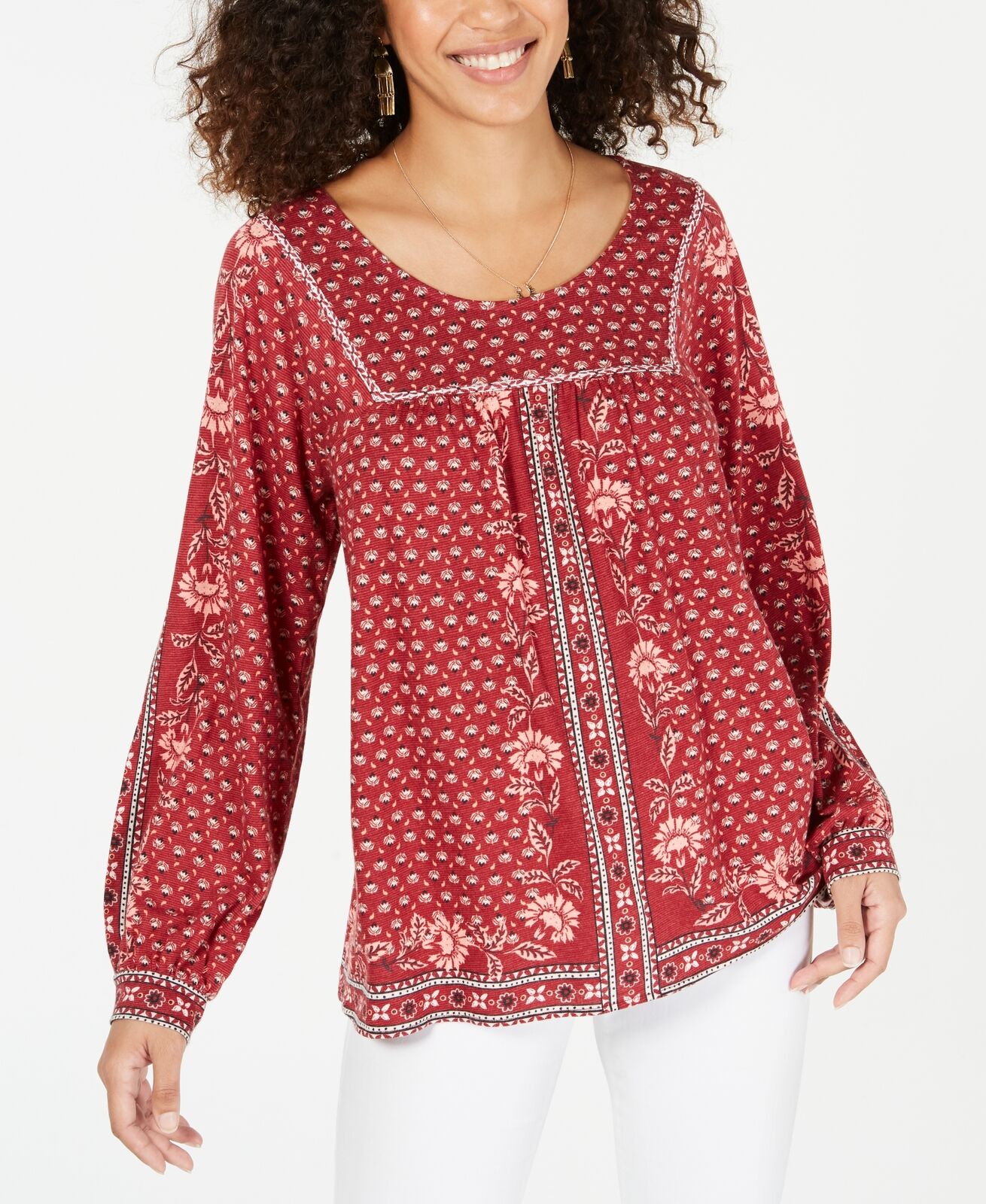 Blusa de malha estilo camponês estampada em mistura de algodão feminina Style &amp; Co, vermelho escuro, tamanho médio