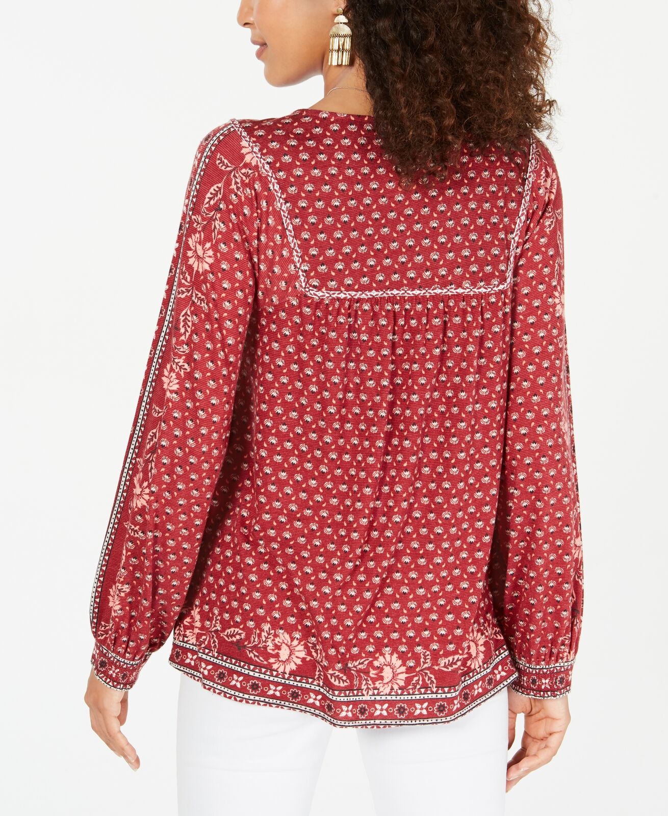Blusa de malha estilo camponês estampada em mistura de algodão feminina Style &amp; Co, vermelho escuro, tamanho médio
