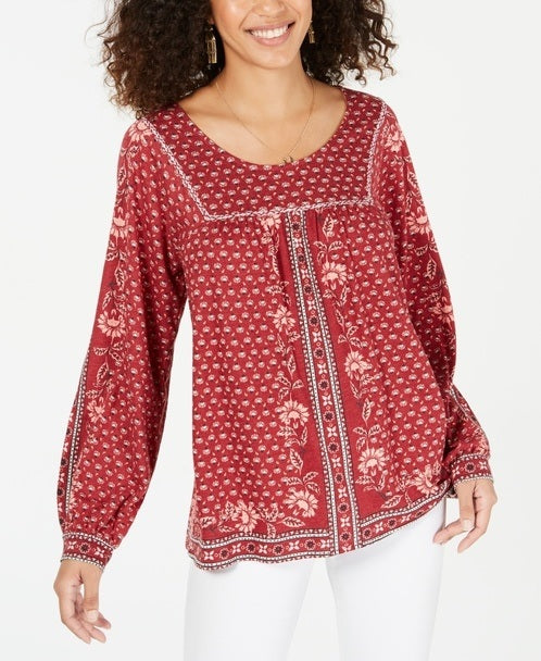 Blusa feminina estampada estilo camponês azul tamanho médio