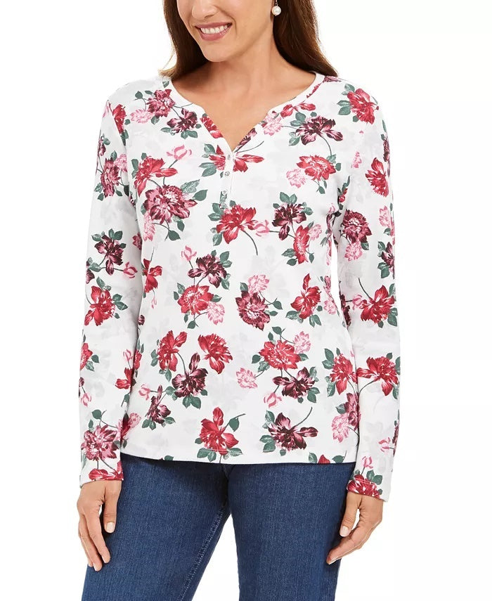Karen Scott Blusa Henley Feminina Estampa Floral Branca Tamanho P