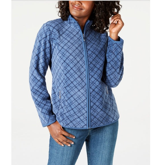 Karen Scott Jaqueta Feminina Petite Xadrez com Zíper Frontal Azul Marinho Tamanho Médio