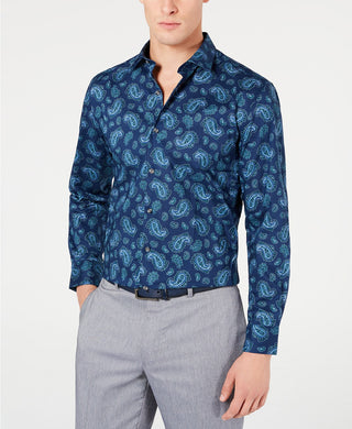 Camisa social masculina Bar III Slim Fit Stretch com estampa Paisley, azul-marinho, tamanho 14-32-33