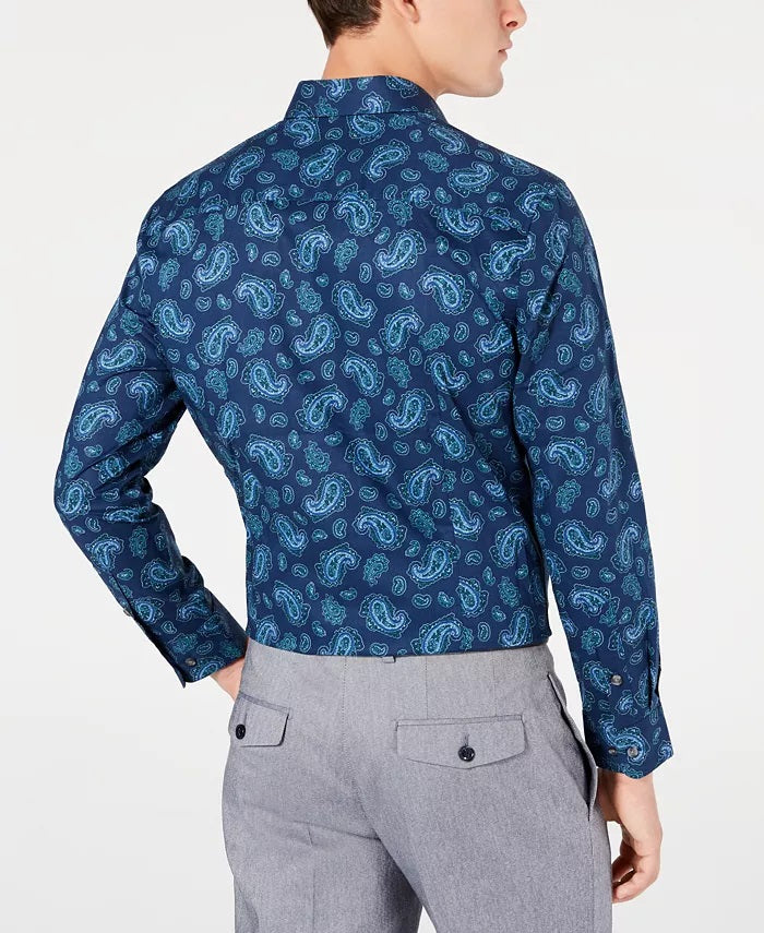 Camisa social masculina Bar III Slim Fit Stretch com estampa Paisley, azul-marinho, tamanho 14-32-33
