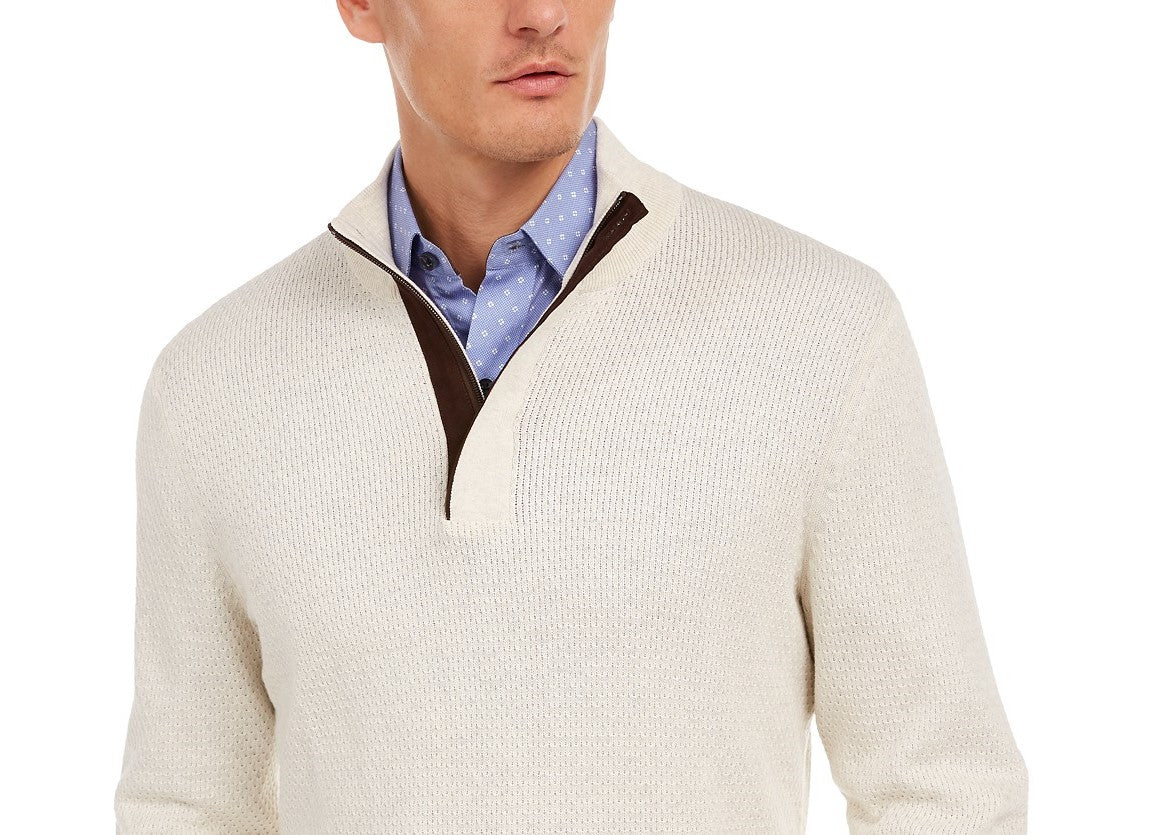 Suéter texturizado de algodão Supima com zíper 1/4 masculino Tasso Elba, bege, tamanho pequeno