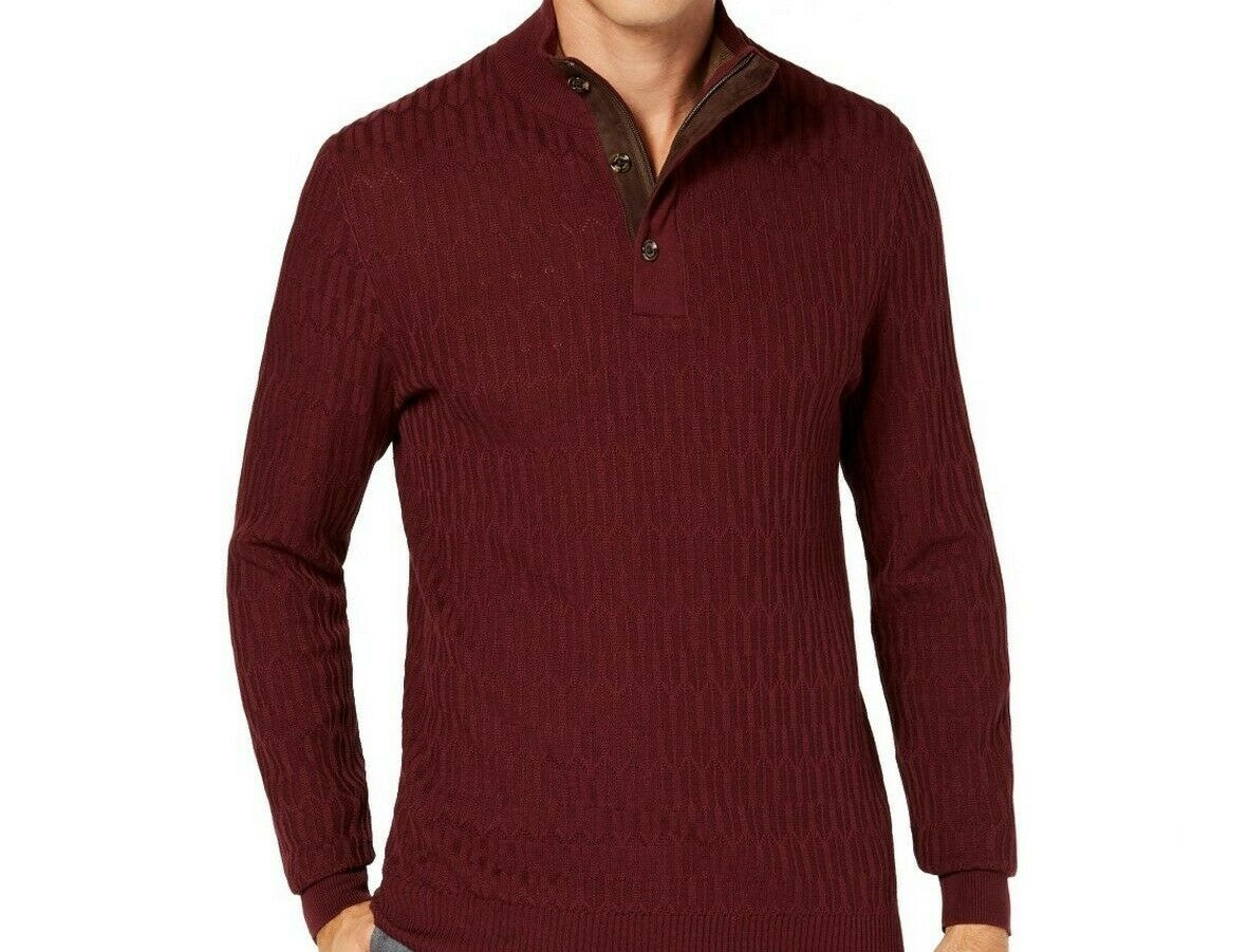 Suéter texturizado de algodão Supima com zíper 1/4 masculino Tasso Elba, marrom escuro, tamanho pequeno