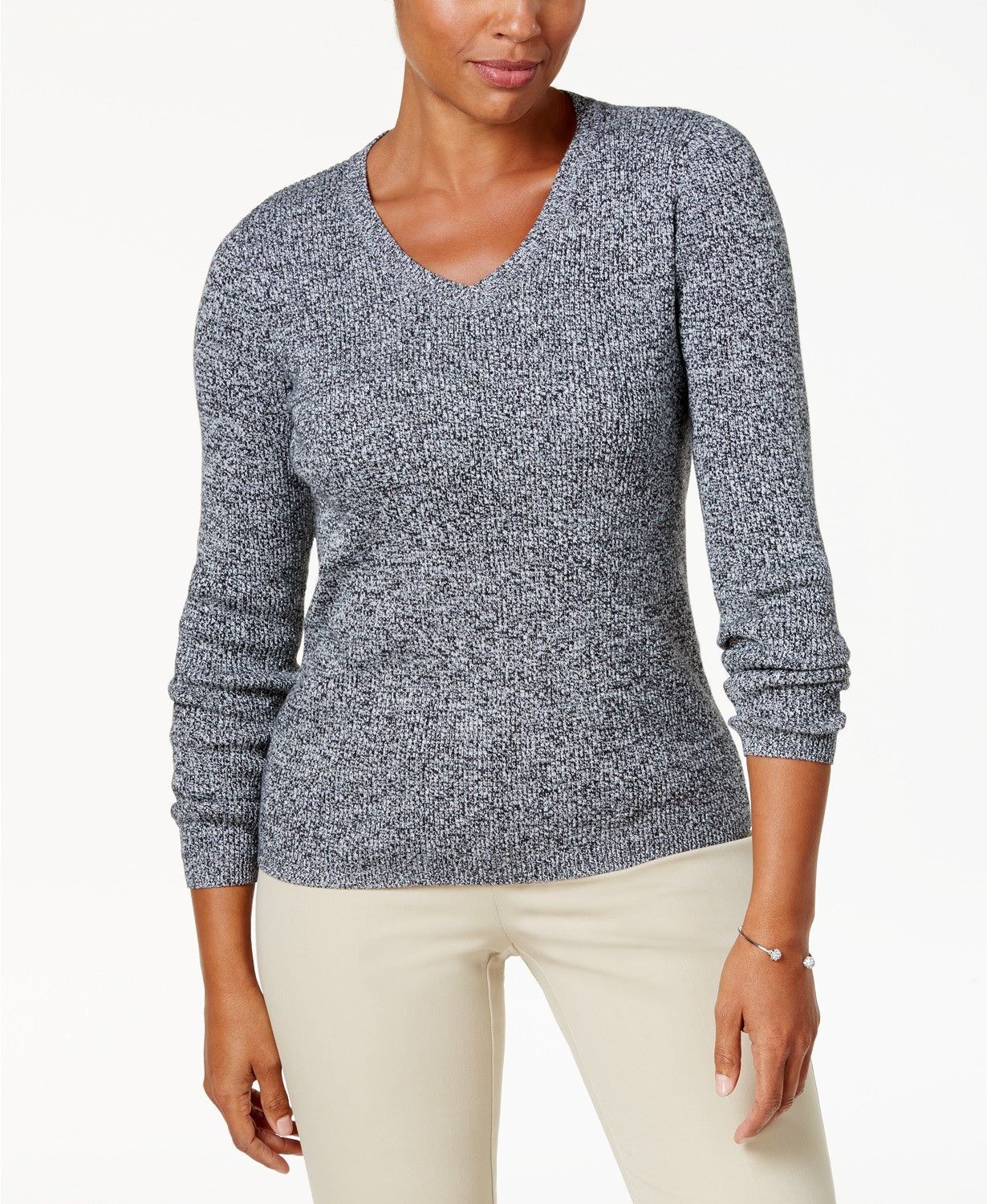 Karen Scott Suéter Feminino com Decote em V e Canelado Inverno Branco Tamanho Grande