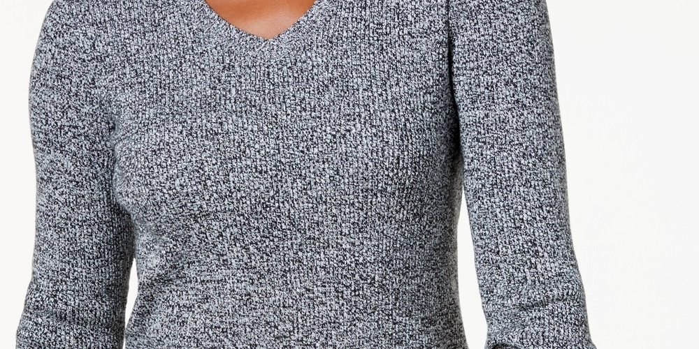 Karen Scott Suéter Feminino com Decote em V e Canelado Inverno Branco Tamanho Grande