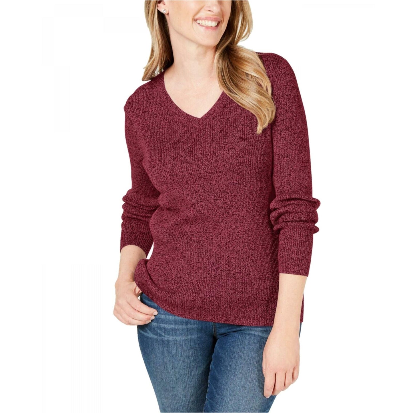 Karen Scott Suéter Feminino com Decote em V e Canelado Vermelho Brilhante Tamanho P