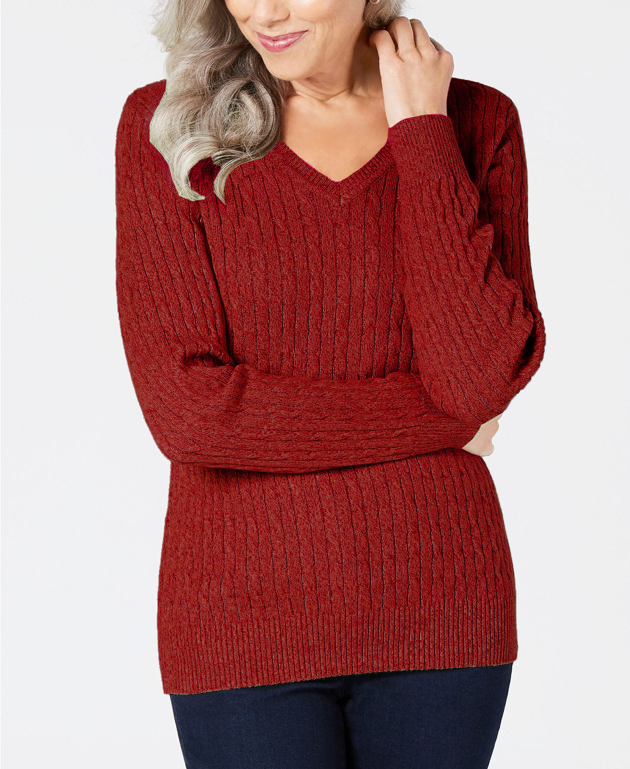 Karen Scott Suéter Feminino de Algodão com Gola V Vermelho Brilhante Tamanho Extra Pequeno