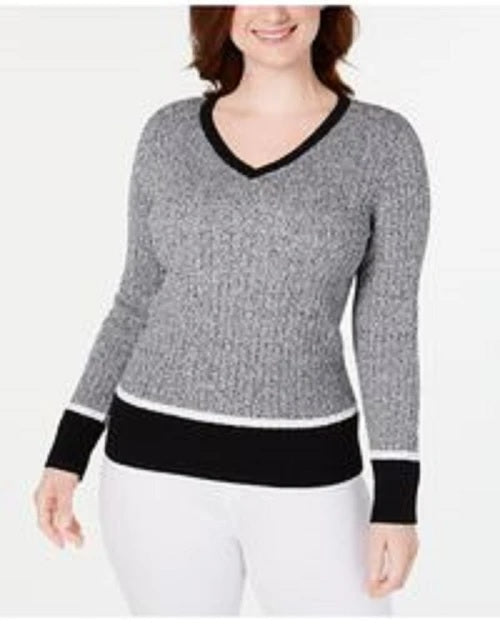Karen Scott Suéter Teresa Cotton Colorblock Feminino Preto Escuro Pente Tamanho Grande