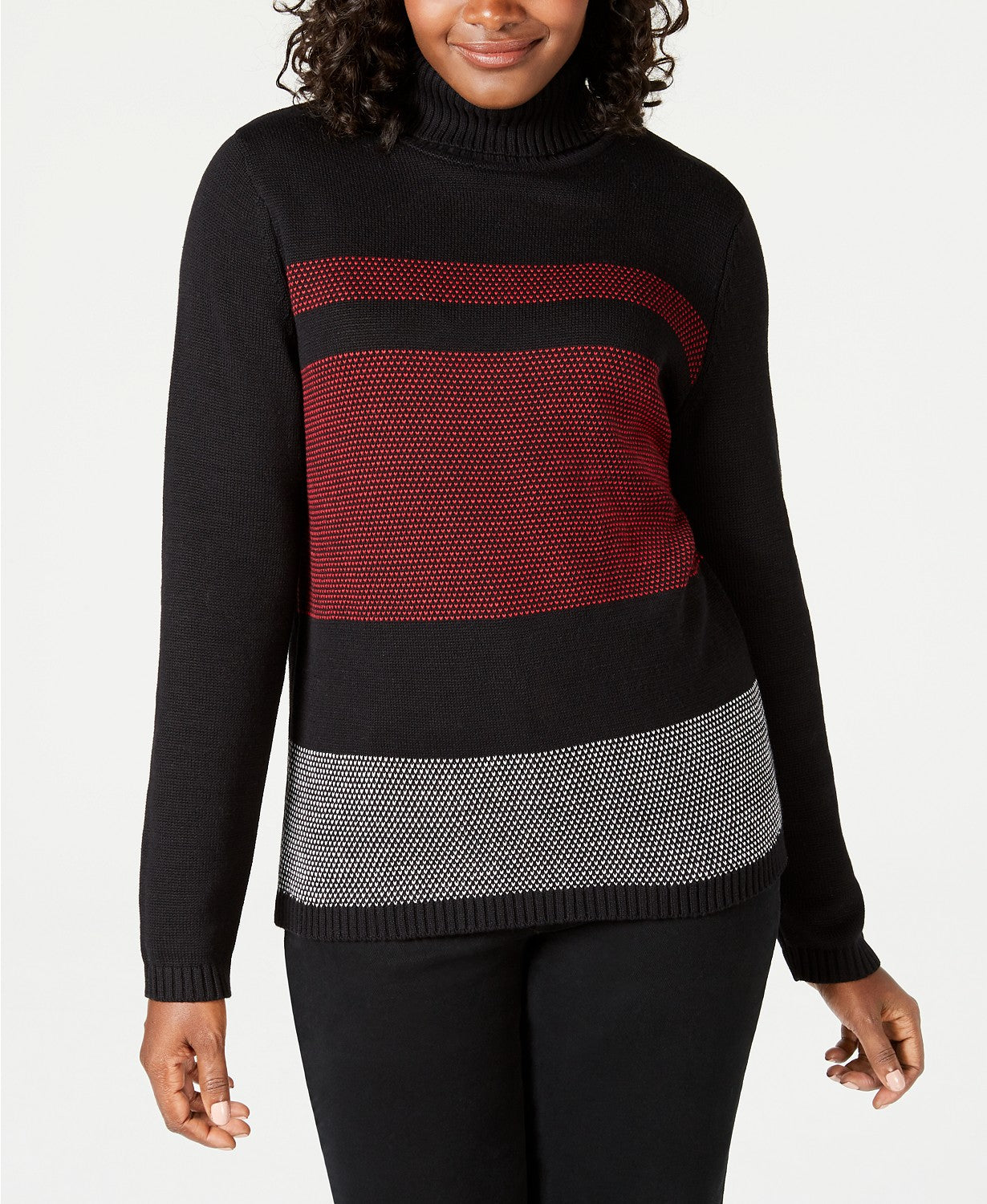 Karen Scott Suéter Feminino de Algodão Colorblock com Gola Alta Preto Tamanho Extra Grande