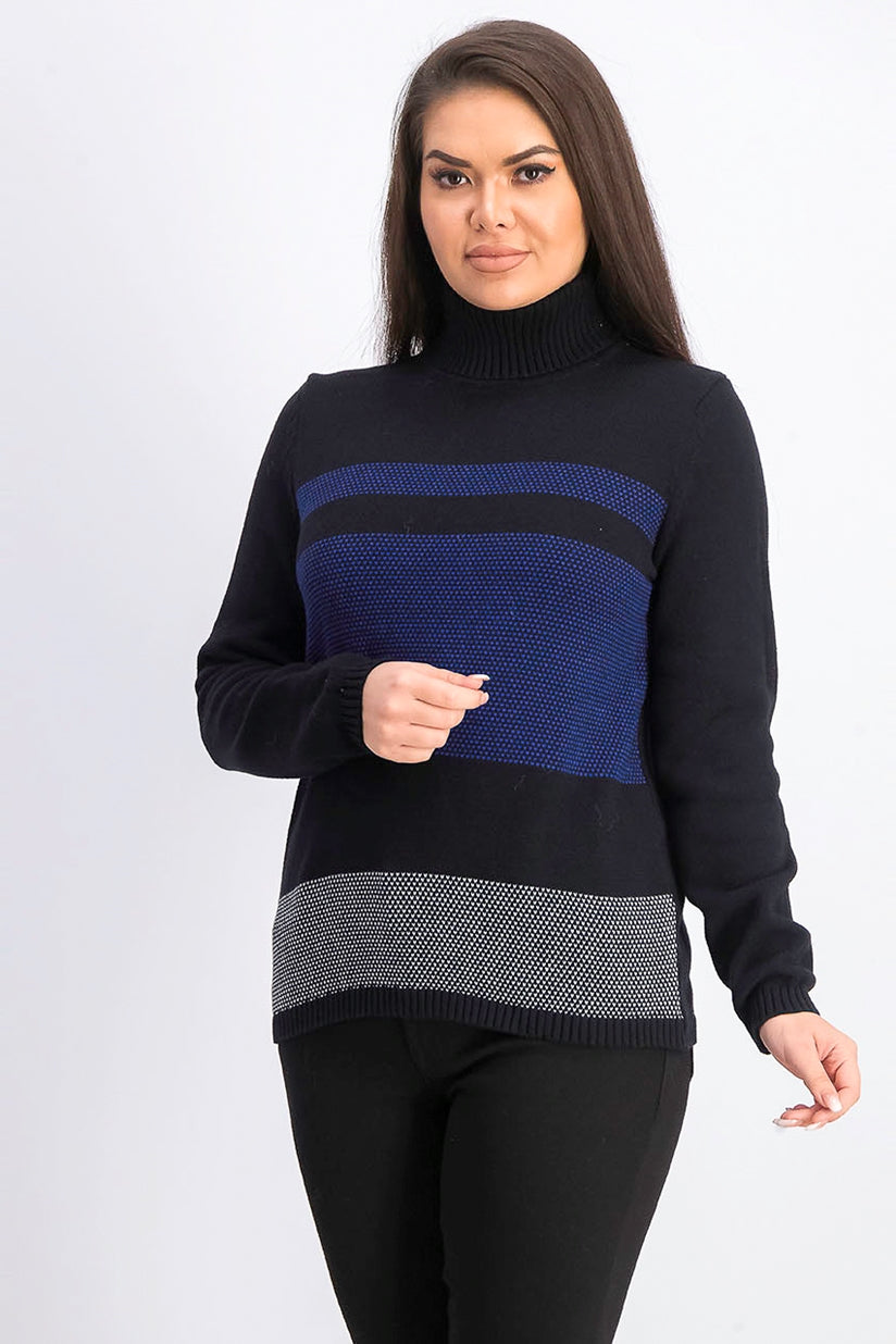 Karen Scott Suéter Feminino Petite Colorblocked Algodão Gola Alta Azul Tamanho Pequeno Médio