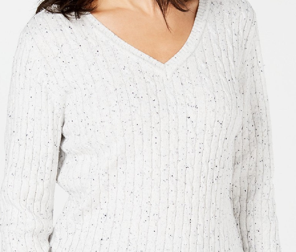 Karen Scott Suéter Feminino de Algodão com Gola V e Tricô com Cabo, Branco, Tamanho Grande