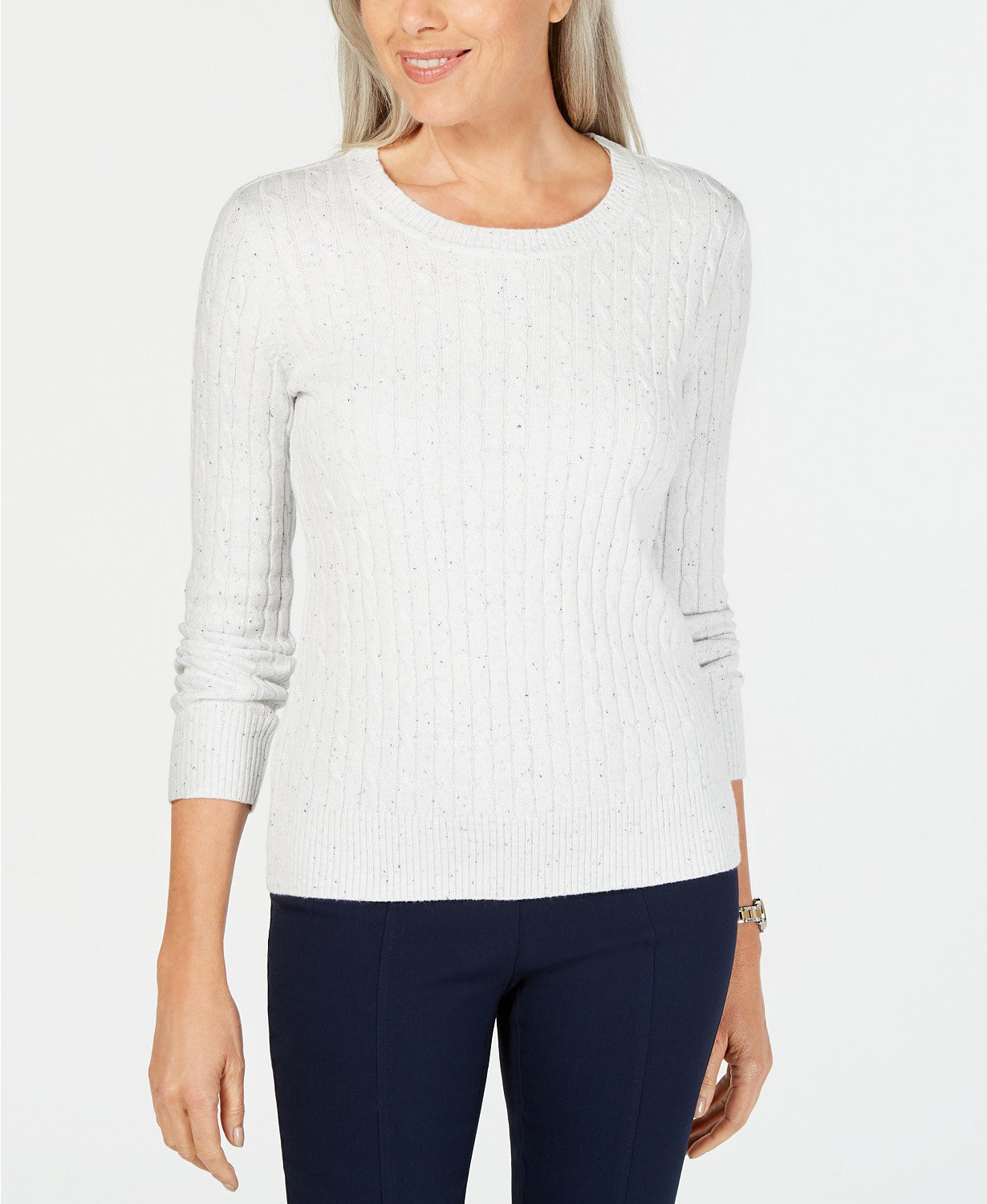 Karen Scott Suéter Feminino de Tricô com Decote em V e Mangas Compridas, Branco, Tamanho P