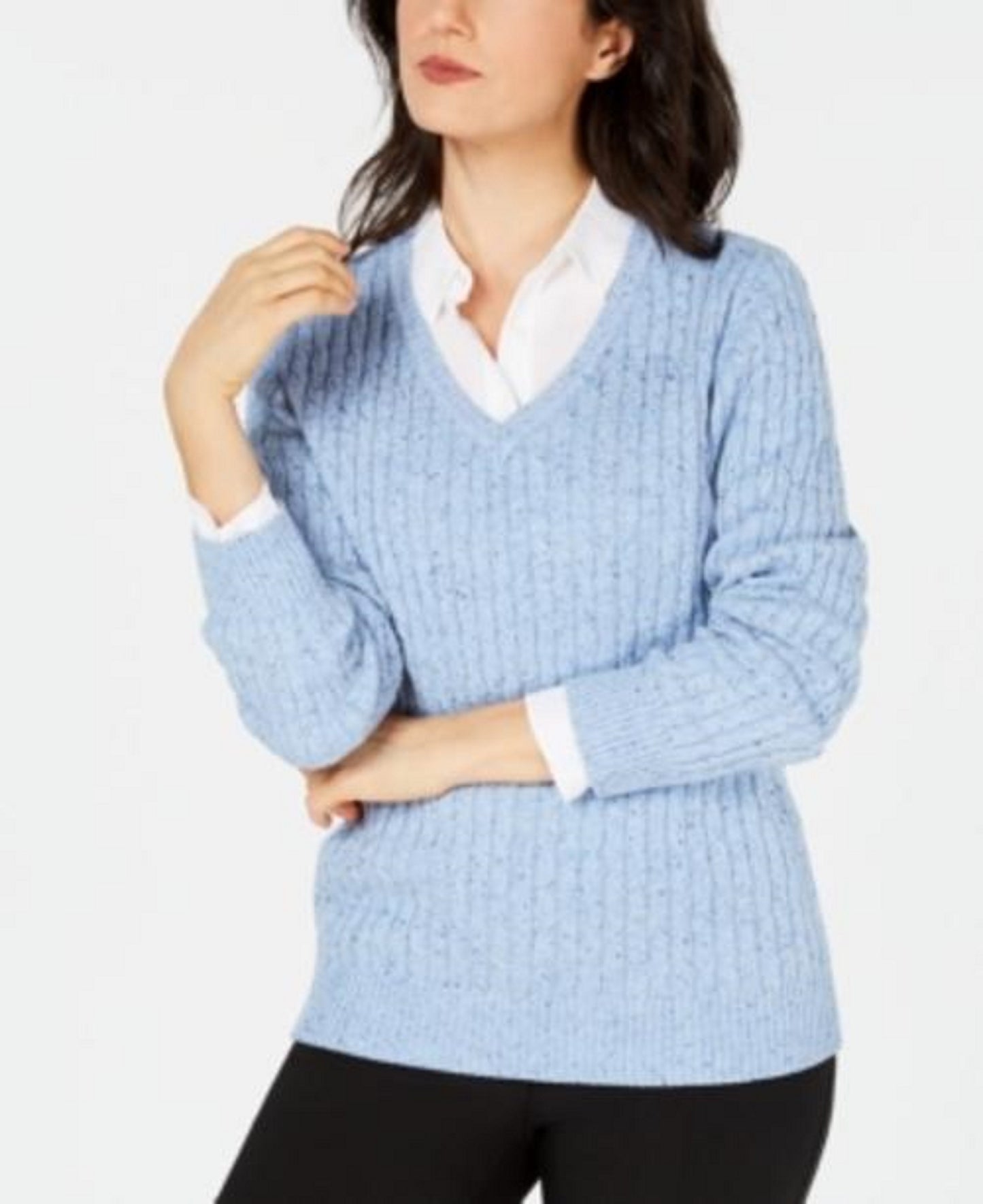 Karen Scott Suéter Feminino Petite Cable-Knit com Decote em V Azul Tamanho Médio