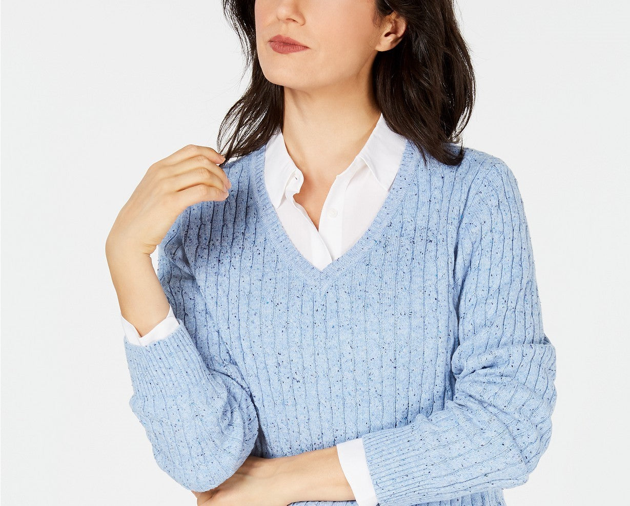 Karen Scott Suéter Feminino Petite Cable-Knit com Decote em V Azul Tamanho Médio